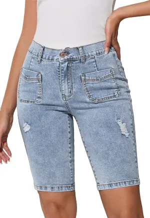 Summer Jean Shorts for Women Elastic High Waisted Ripped Casual Bermuda Shorts Mom Short