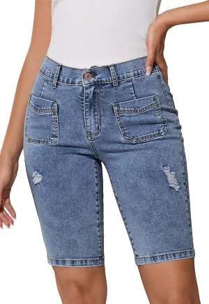 Summer Jean Shorts for Women Elastic High Waisted Ripped Casual Bermuda Shorts Mom Short