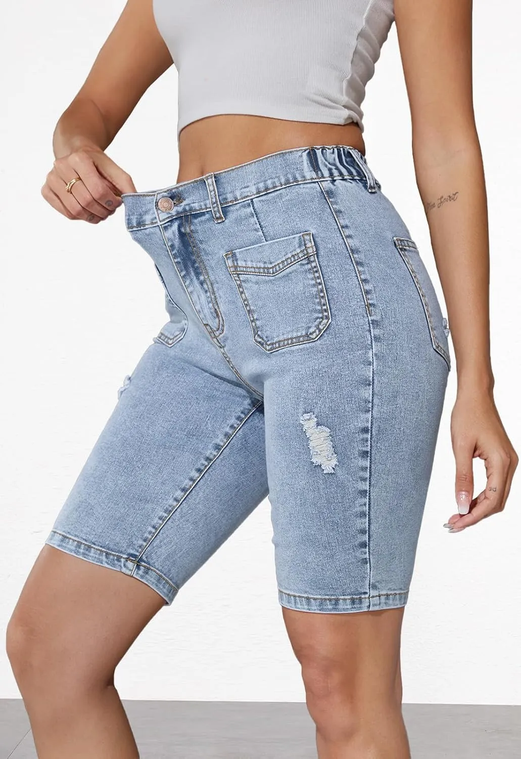 Summer Jean Shorts for Women Elastic High Waisted Ripped Casual Bermuda Shorts Mom Short