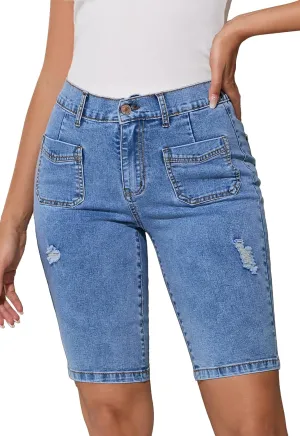 Summer Jean Shorts for Women Elastic High Waisted Ripped Casual Bermuda Shorts Mom Short