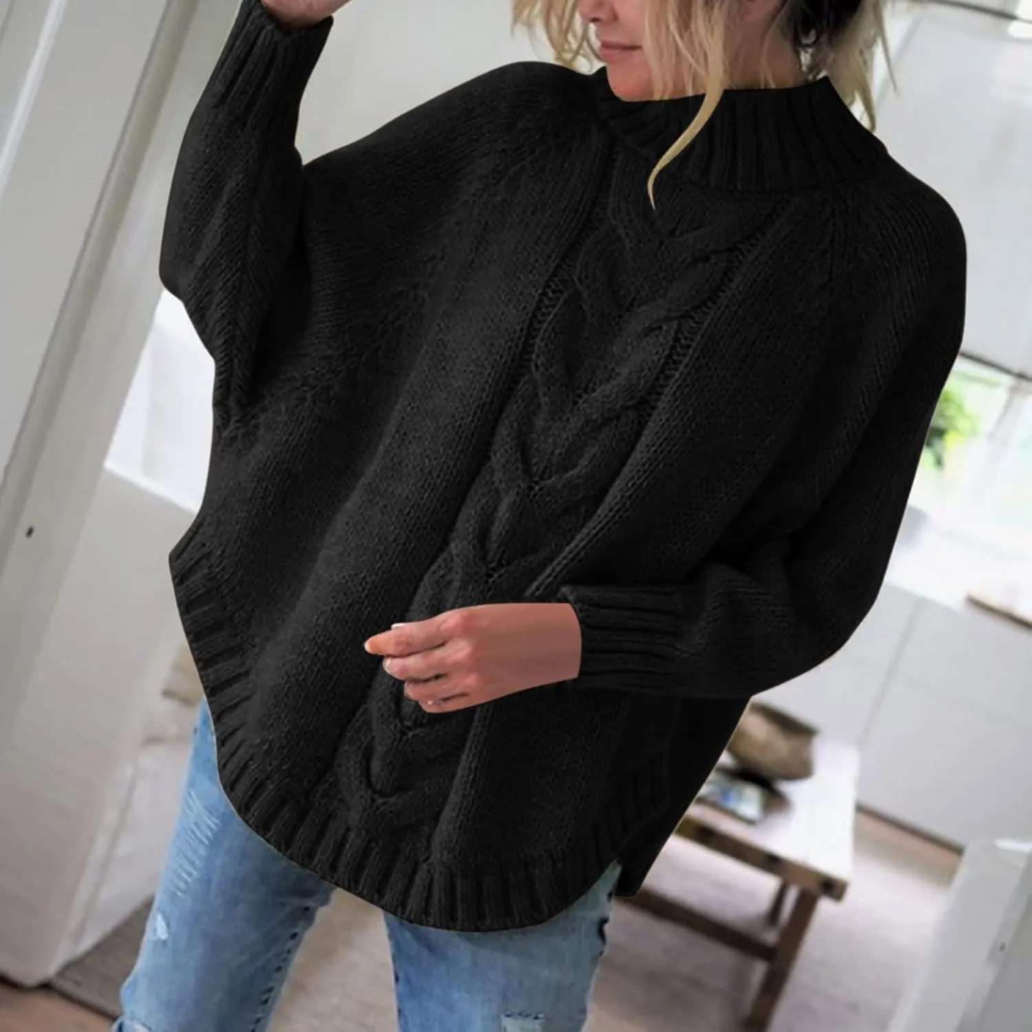Sweaters for Women Oversized Cable Knitted Sweater Long Sleeve Mockneck Jumper Pullover Tops Streetwear for Fall