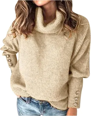 Sweaters for Women Plus Size Solid Turtleneck Oversized Lightweight Knit Lantern Sleeve Sweaters Pullover Blouses Sweater for Women,Khaki,XXL