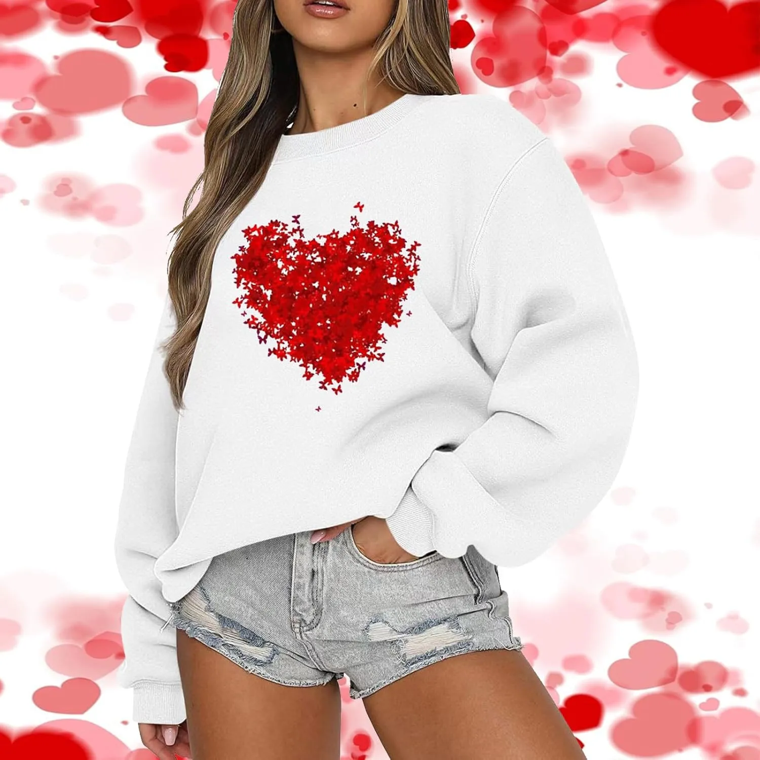 Sweatshirt for Women Trendy Oversized Love Heart Print Crewneck Casual Long Sleeve Sweater Fleece Fsashion Fall Tops