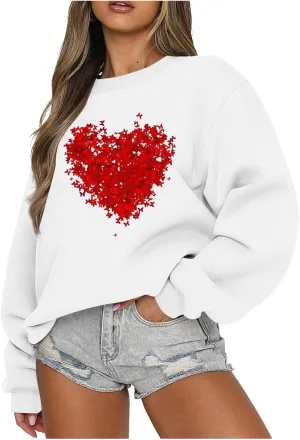 Sweatshirt for Women Trendy Oversized Love Heart Print Crewneck Casual Long Sleeve Sweater Fleece Fsashion Fall Tops