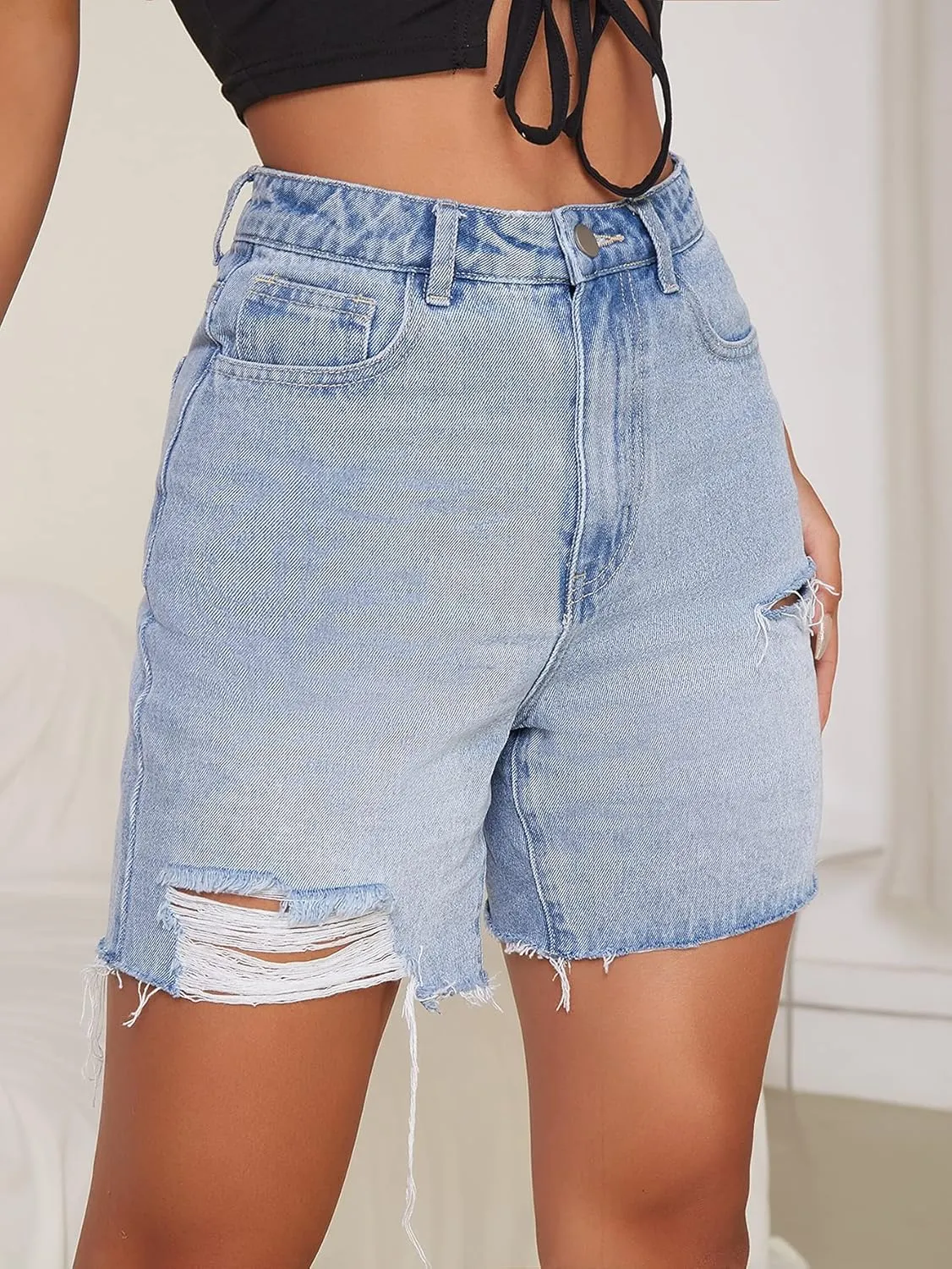 SweatyRocks Women's High Waist Ripped Denim Shorts Straight Leg Summer Jean Short Hot Short with Pockets