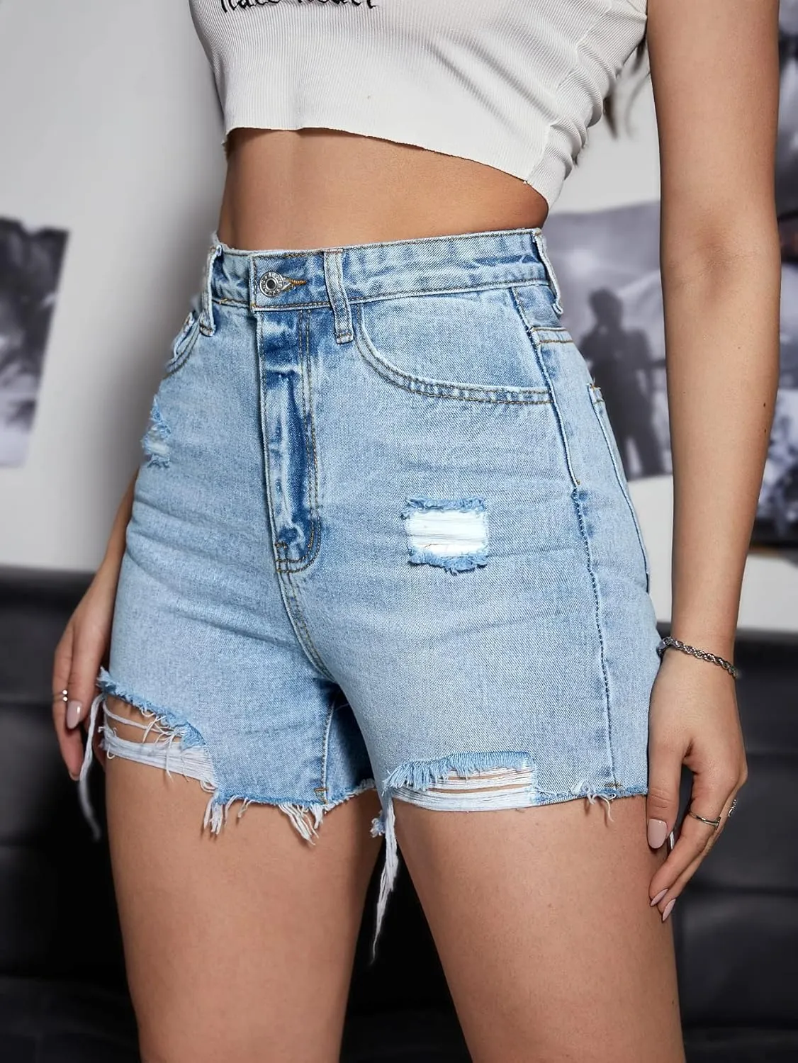 SweatyRocks Women's High Waist Ripped Denim Shorts Straight Leg Summer Jean Short Hot Short with Pockets