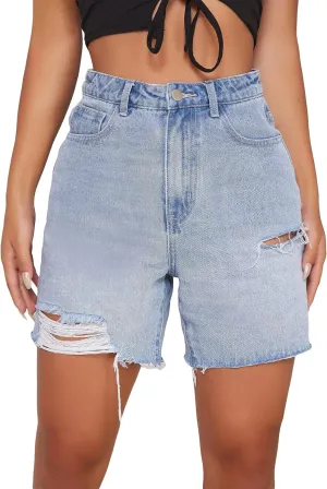 SweatyRocks Women's High Waist Ripped Denim Shorts Straight Leg Summer Jean Short Hot Short with Pockets