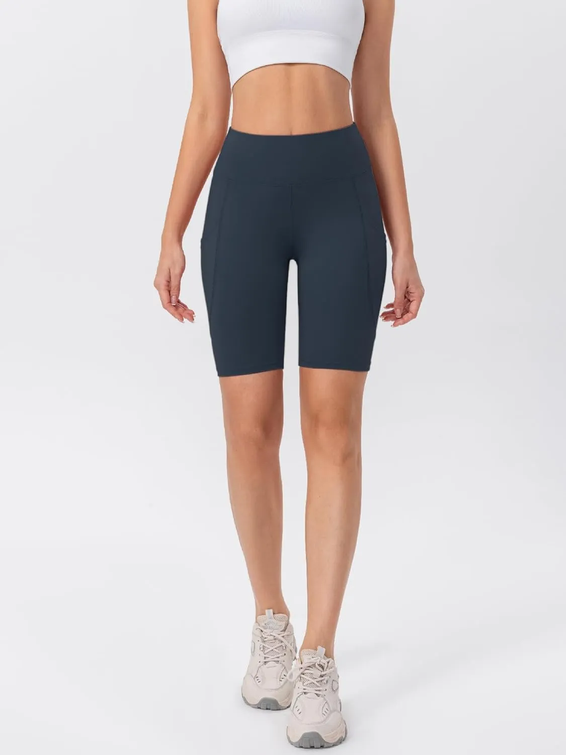 TAISIM Women's High Waist Yoga Bike Shorts with Pockets, Tummy Control Fitness Athletic Workout Running Shorts