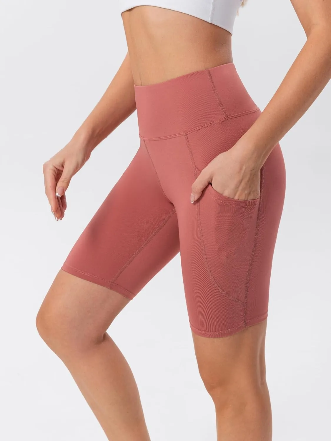TAISIM Women's High Waist Yoga Bike Shorts with Pockets, Tummy Control Fitness Athletic Workout Running Shorts