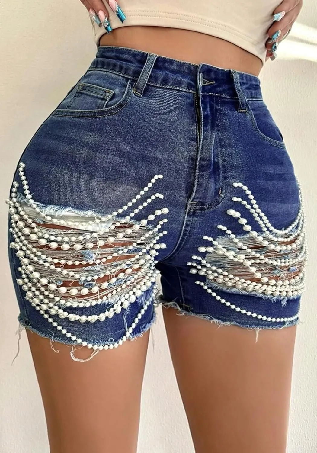 Tbahhir Women’s High Waist Ripped Denim Shorts with Pearls Beading Chain Distressed Bodycon Stretchy Summer Jean Shorts