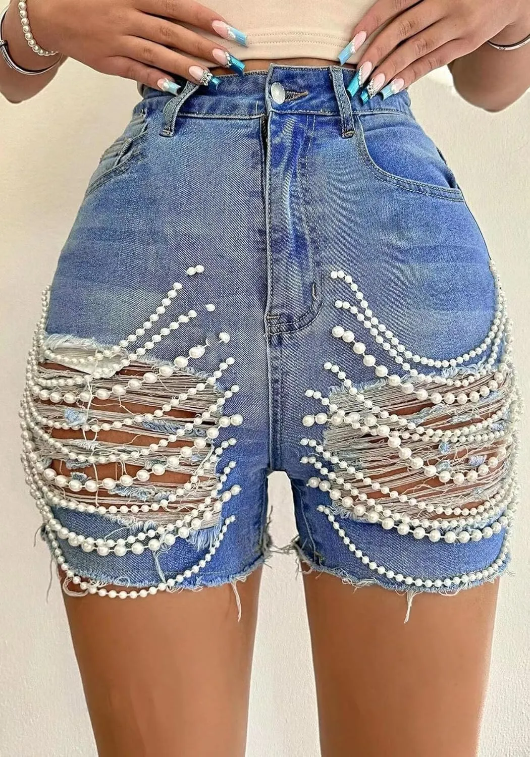 Tbahhir Women’s High Waist Ripped Denim Shorts with Pearls Beading Chain Distressed Bodycon Stretchy Summer Jean Shorts