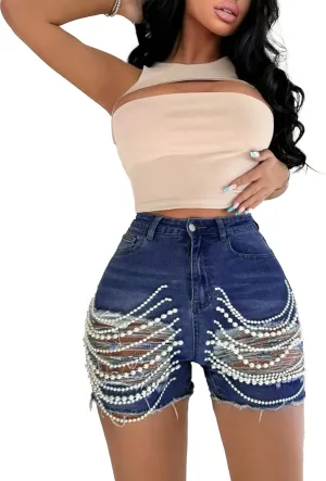 Tbahhir Women’s High Waist Ripped Denim Shorts with Pearls Beading Chain Distressed Bodycon Stretchy Summer Jean Shorts