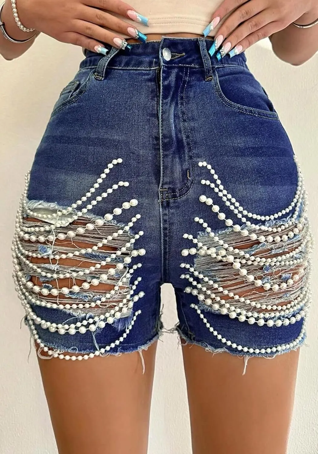 Tbahhir Women’s High Waist Ripped Denim Shorts with Pearls Beading Chain Distressed Bodycon Stretchy Summer Jean Shorts