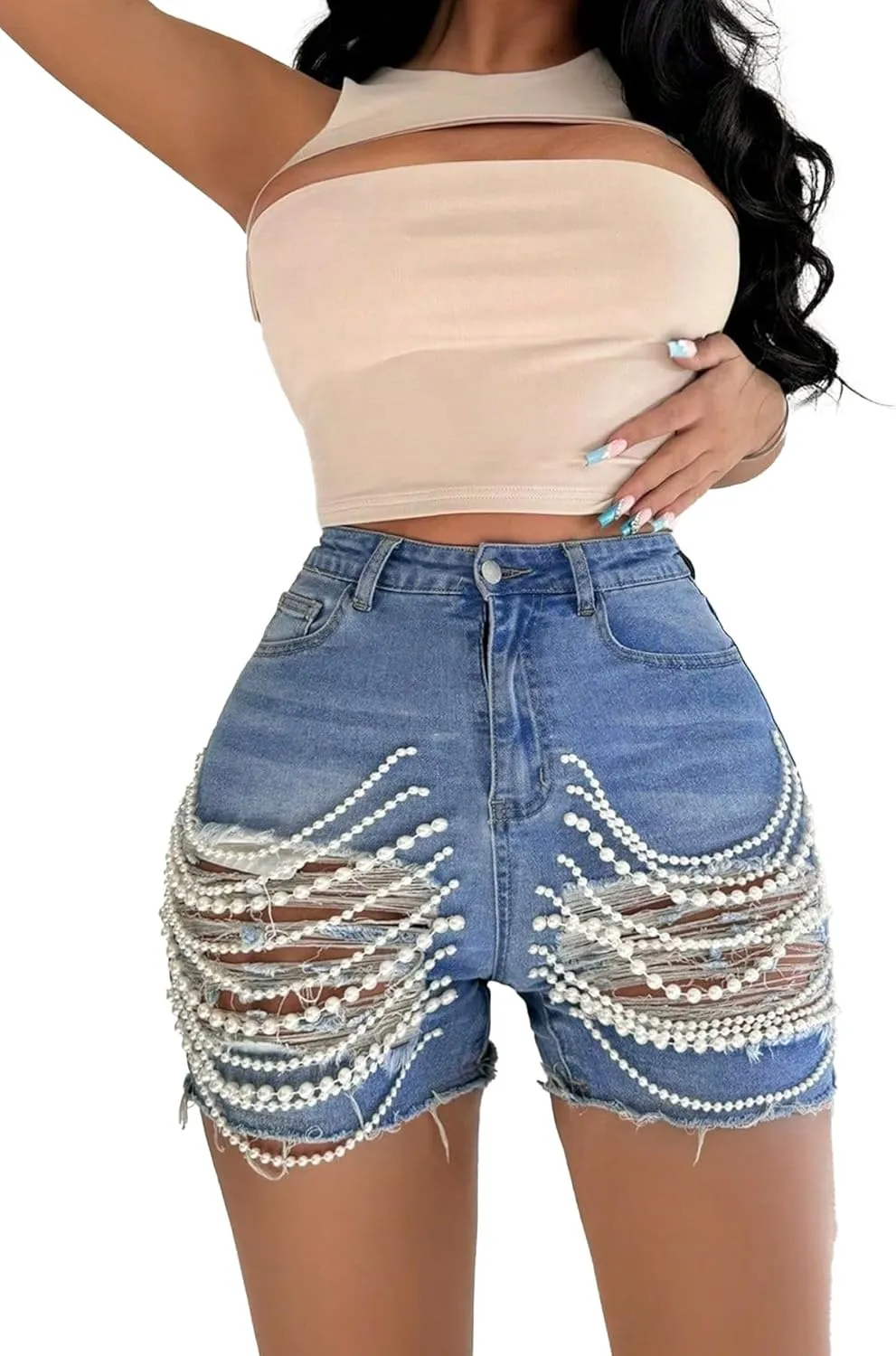 Tbahhir Women’s High Waist Ripped Denim Shorts with Pearls Beading Chain Distressed Bodycon Stretchy Summer Jean Shorts
