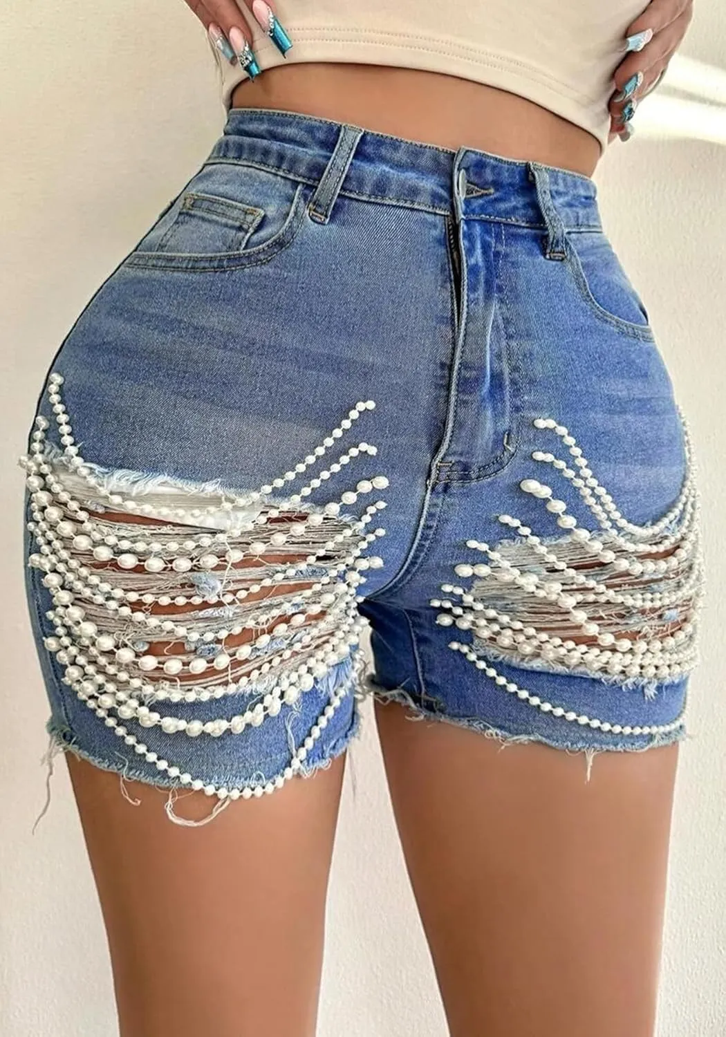 Tbahhir Women’s High Waist Ripped Denim Shorts with Pearls Beading Chain Distressed Bodycon Stretchy Summer Jean Shorts