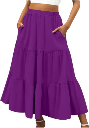 Tiered Maxi Skirts for Women Elastic Waist Ruffle Flowy A-Line Flared Skirt Boho Beach Long Skirts with Pockets