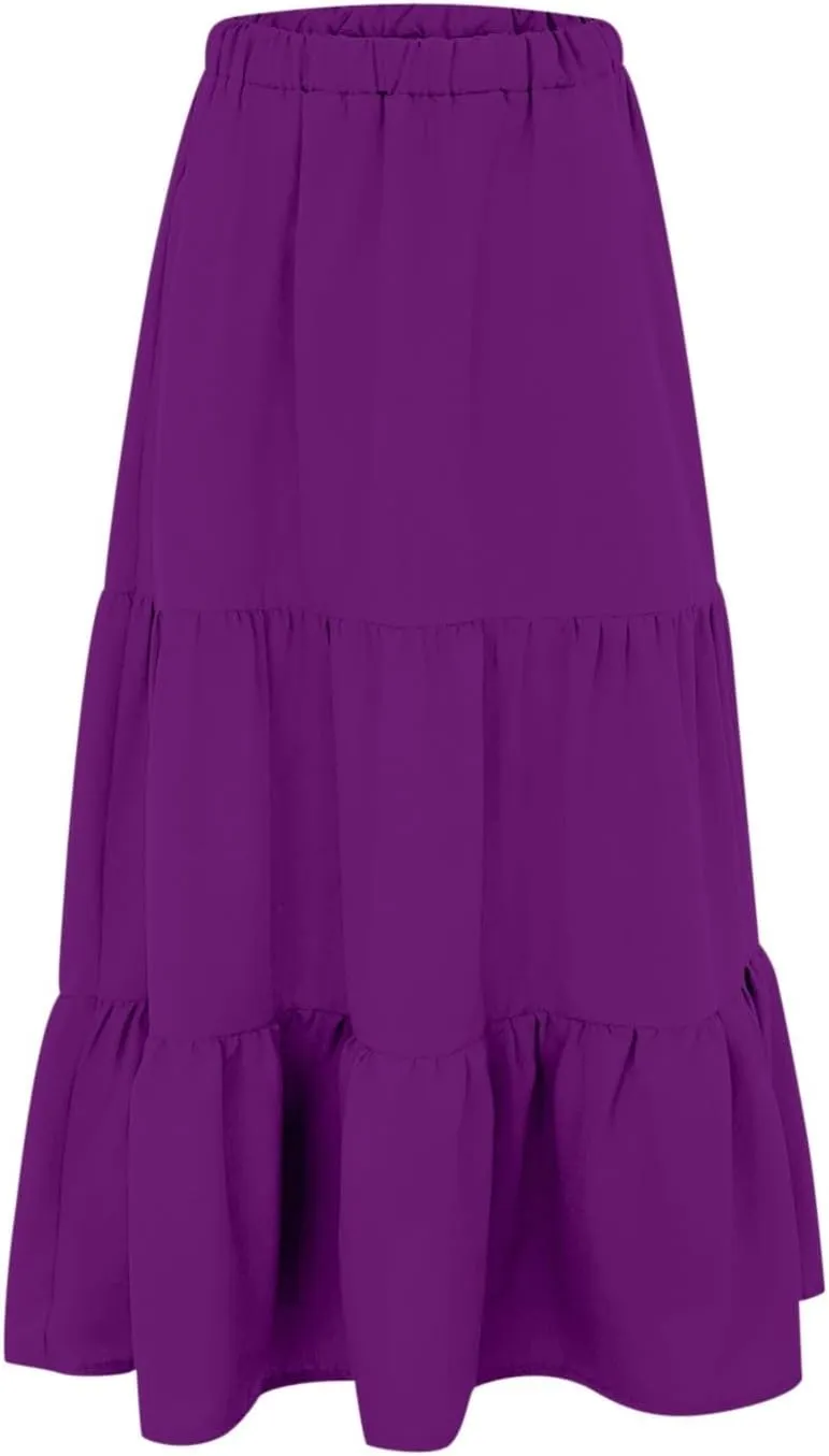 Tiered Maxi Skirts for Women Elastic Waist Ruffle Flowy A-Line Flared Skirt Boho Beach Long Skirts with Pockets