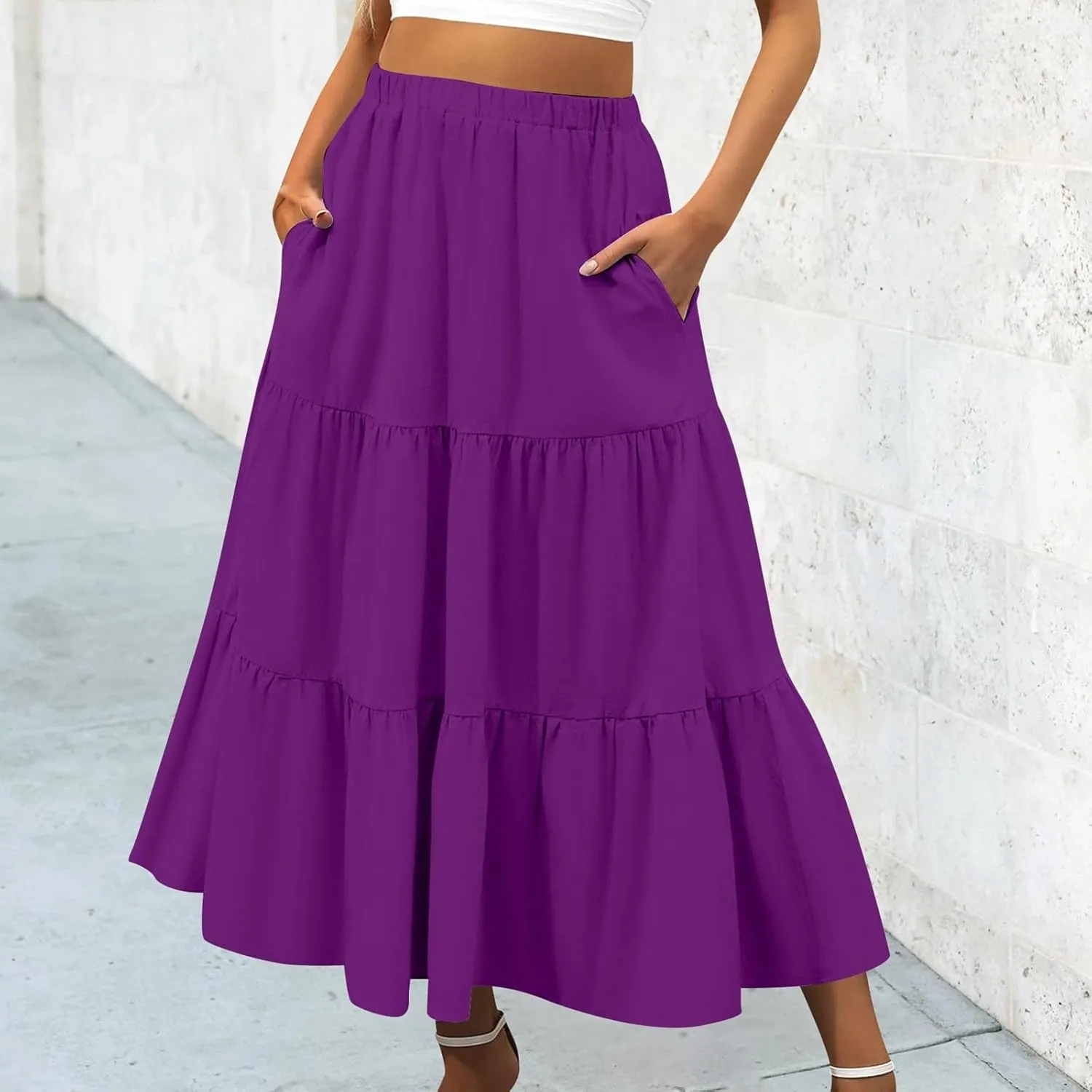 Tiered Maxi Skirts for Women Elastic Waist Ruffle Flowy A-Line Flared Skirt Boho Beach Long Skirts with Pockets