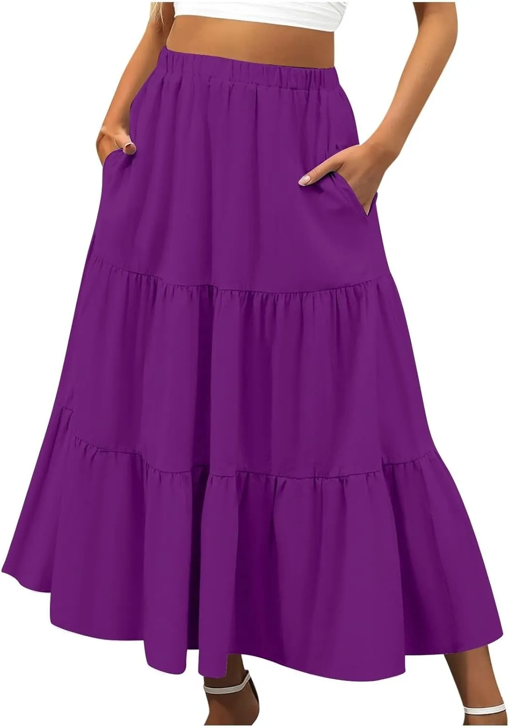 Tiered Maxi Skirts for Women Elastic Waist Ruffle Flowy A-Line Flared Skirt Boho Beach Long Skirts with Pockets