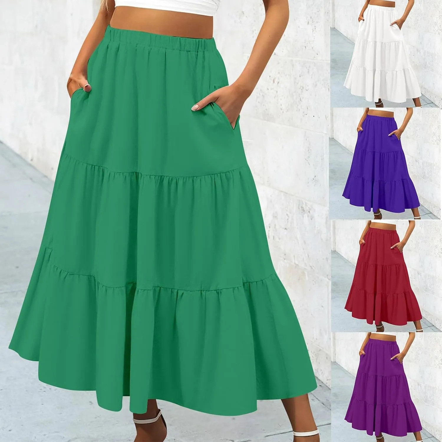Tiered Maxi Skirts for Women Elastic Waist Ruffle Flowy A-Line Flared Skirt Boho Beach Long Skirts with Pockets