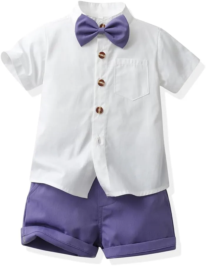 Toddler Formal Outfit Kid Gentleman Short Sleeve Shirt Bowtie Boy Suspender Shorts Wedding Suit Boys Outfits