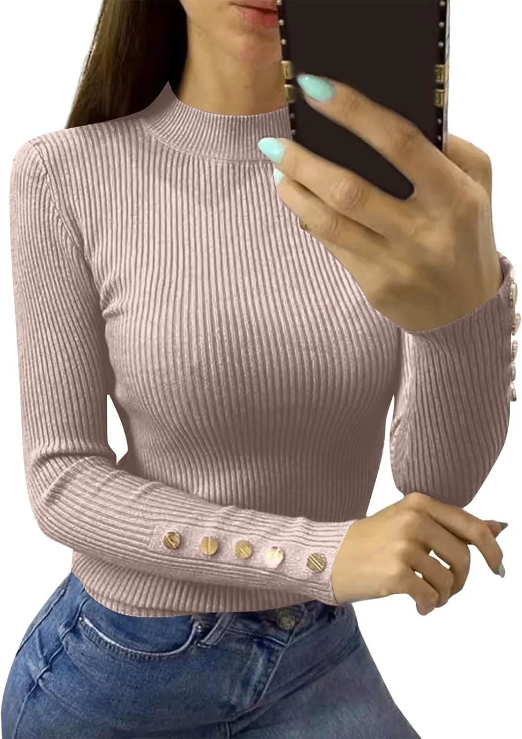 Tunic Tops Long Sleeve Turtle Neck Ribbed Sweaters 2024 Winter Button Down Fitted Shirts Trendy Fall Sexy Clothes