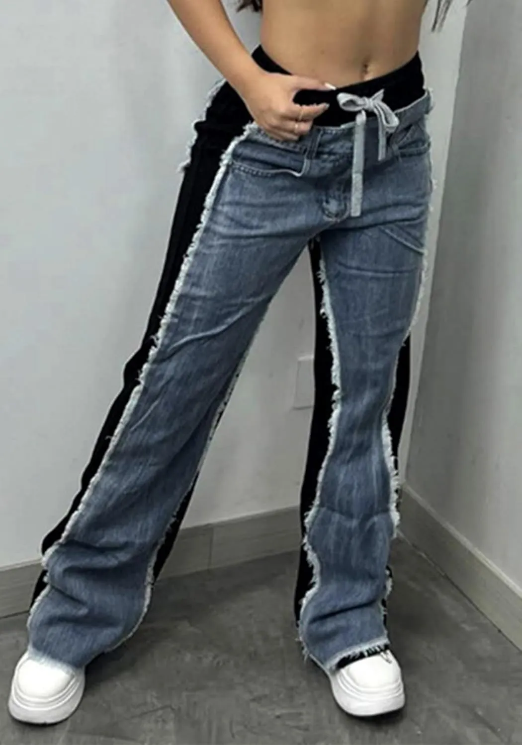 Unybwonn Baggy Patchwork Jeans Color Block Low Waisted Streetwear Ripped Trousers Straight Wide Leg Trendy Cargo Pants