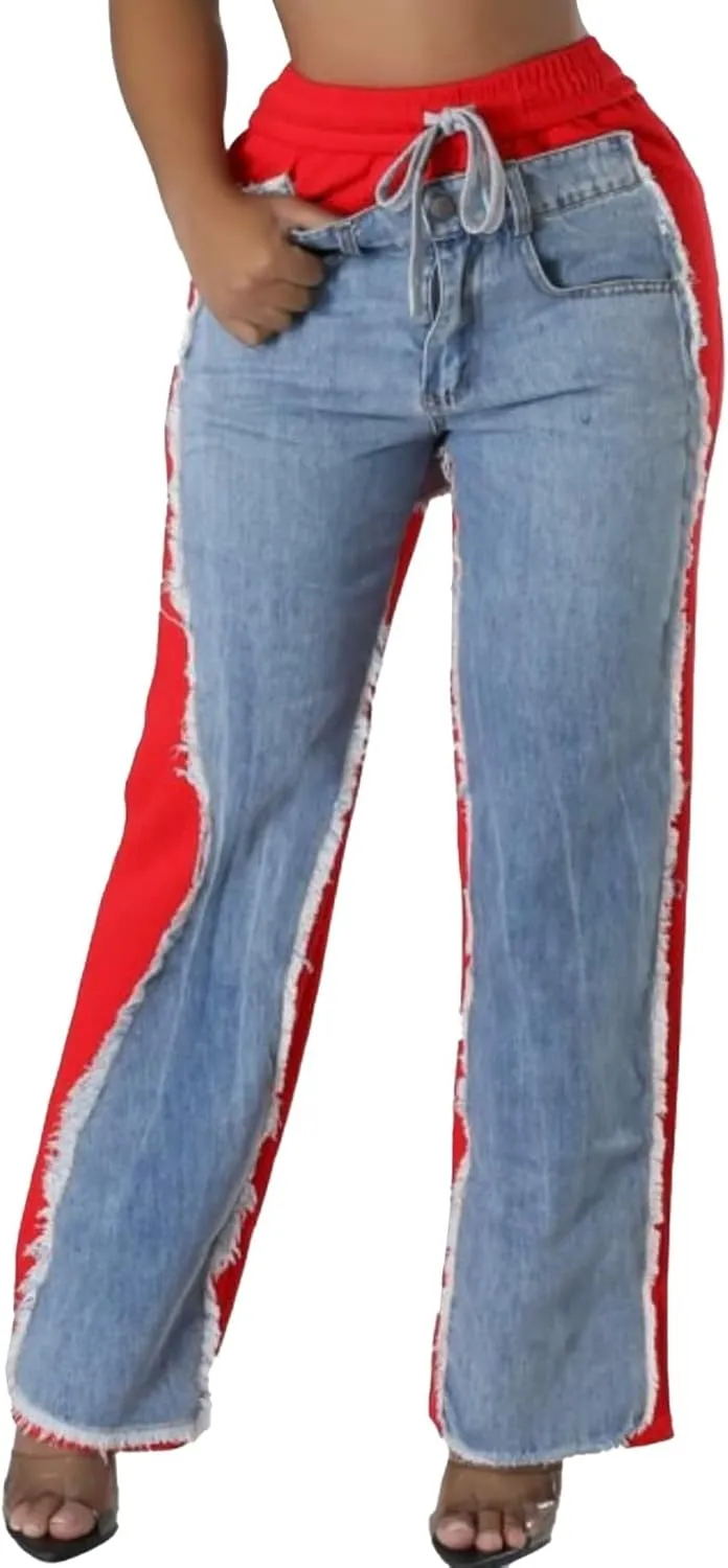 Unybwonn Baggy Patchwork Jeans Color Block Low Waisted Streetwear Ripped Trousers Straight Wide Leg Trendy Cargo Pants