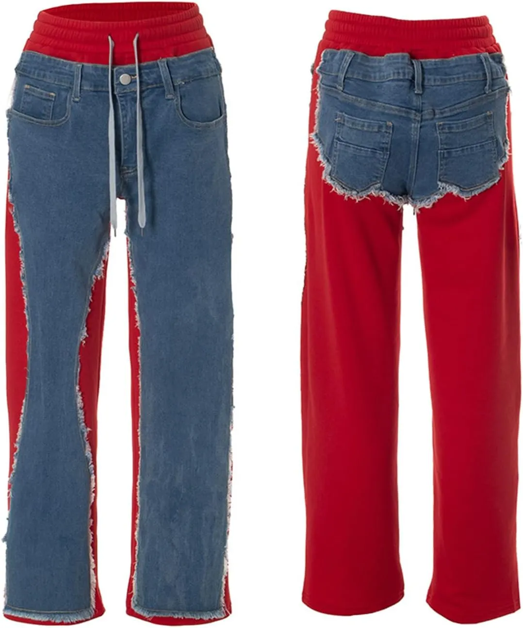 Unybwonn Baggy Patchwork Jeans Color Block Low Waisted Streetwear Ripped Trousers Straight Wide Leg Trendy Cargo Pants