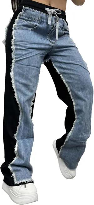 Unybwonn Baggy Patchwork Jeans Color Block Low Waisted Streetwear Ripped Trousers Straight Wide Leg Trendy Cargo Pants