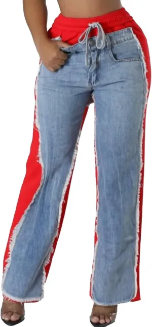 Unybwonn Baggy Patchwork Jeans Color Block Low Waisted Streetwear Ripped Trousers Straight Wide Leg Trendy Cargo Pants