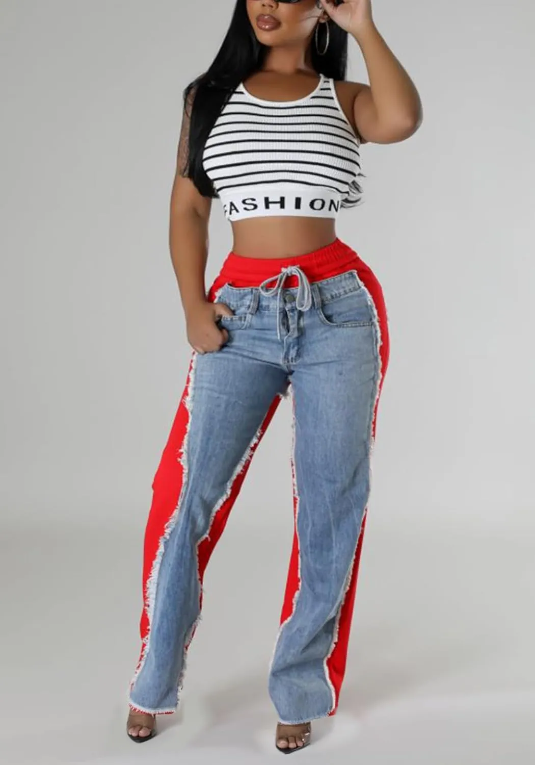 Unybwonn Baggy Patchwork Jeans Color Block Low Waisted Streetwear Ripped Trousers Straight Wide Leg Trendy Cargo Pants
