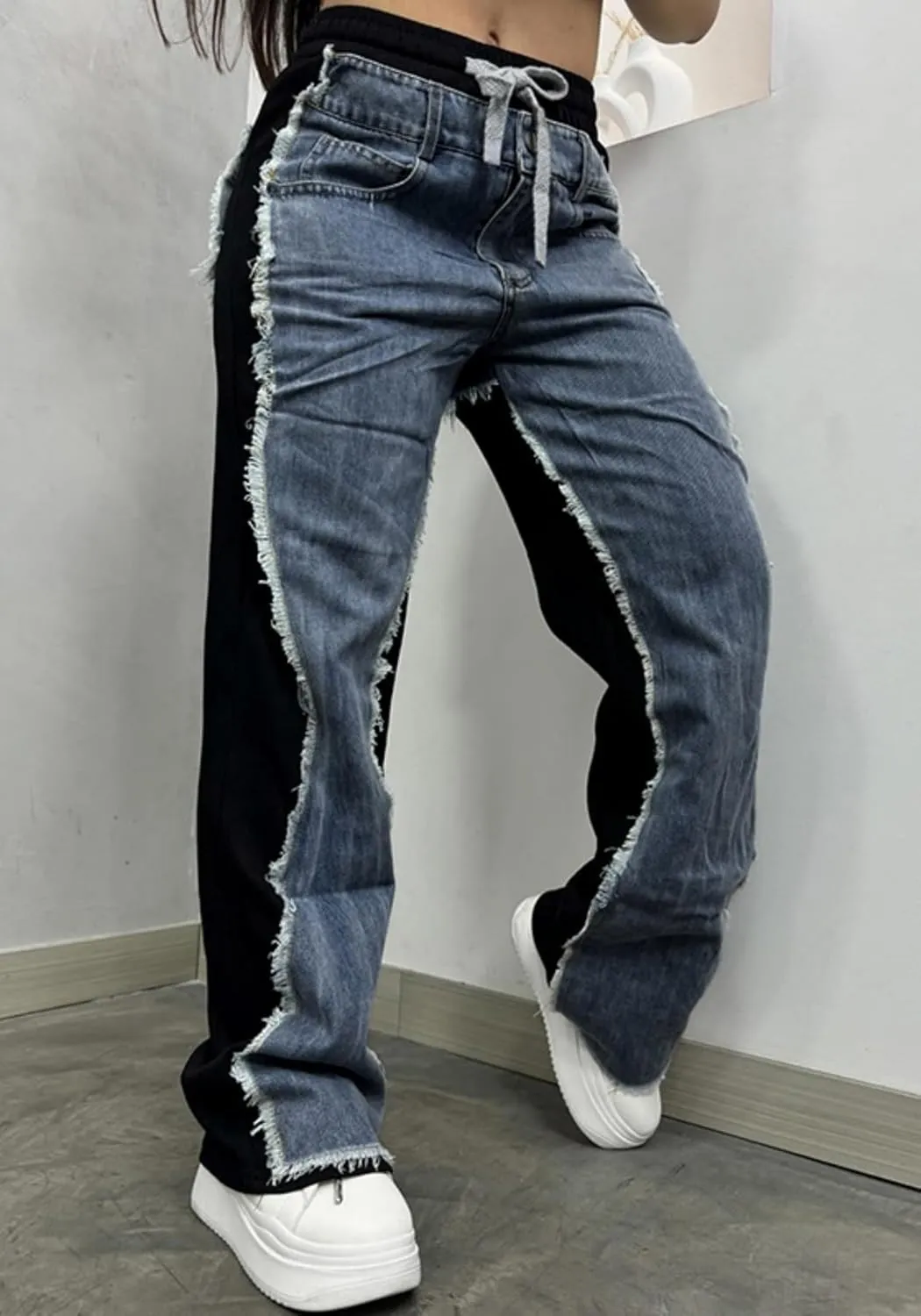 Unybwonn Baggy Patchwork Jeans Color Block Low Waisted Streetwear Ripped Trousers Straight Wide Leg Trendy Cargo Pants