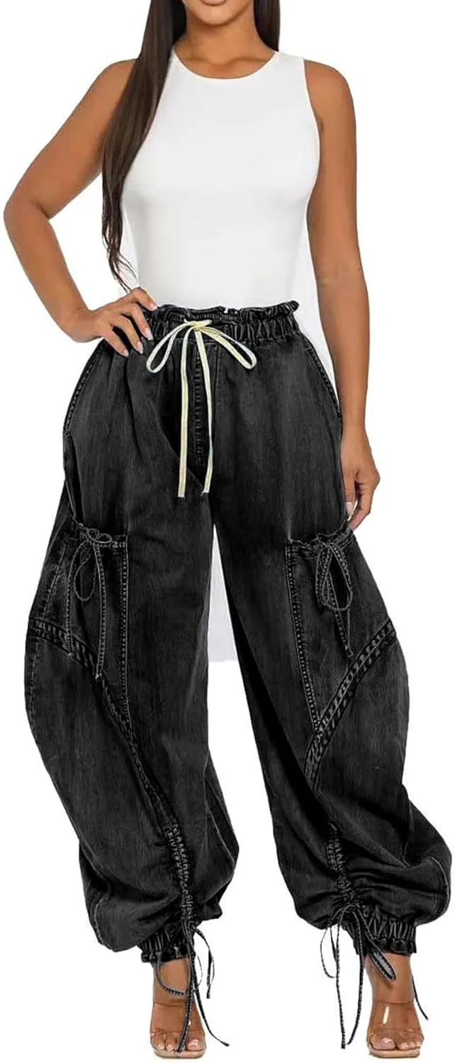 Voghtic Women's Baggy Y2K Elastic Waisted Jeans Bow-Knot Drawstring Pull-On Cargo Denim Pants Harem Pants Streetwear