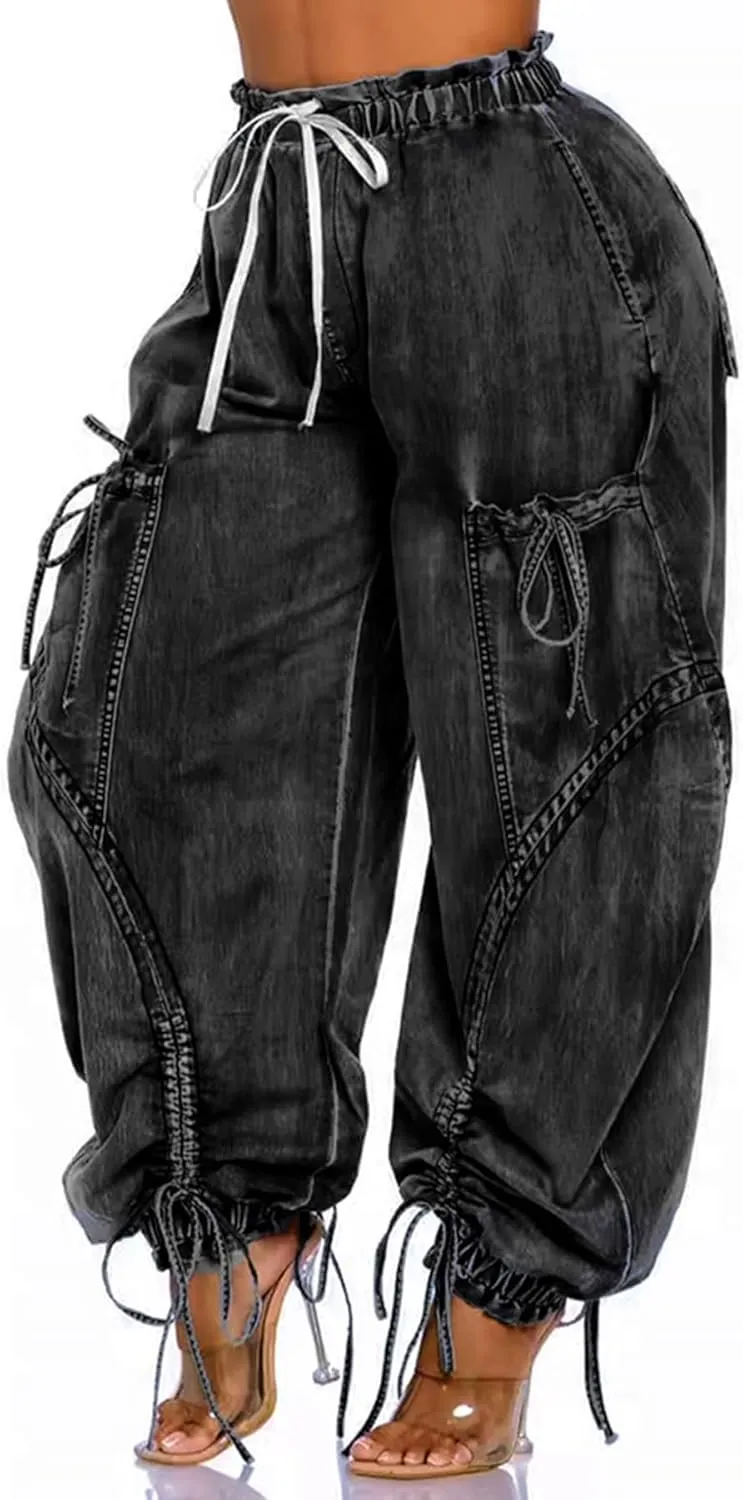 Voghtic Women's Baggy Y2K Elastic Waisted Jeans Bow-Knot Drawstring Pull-On Cargo Denim Pants Harem Pants Streetwear
