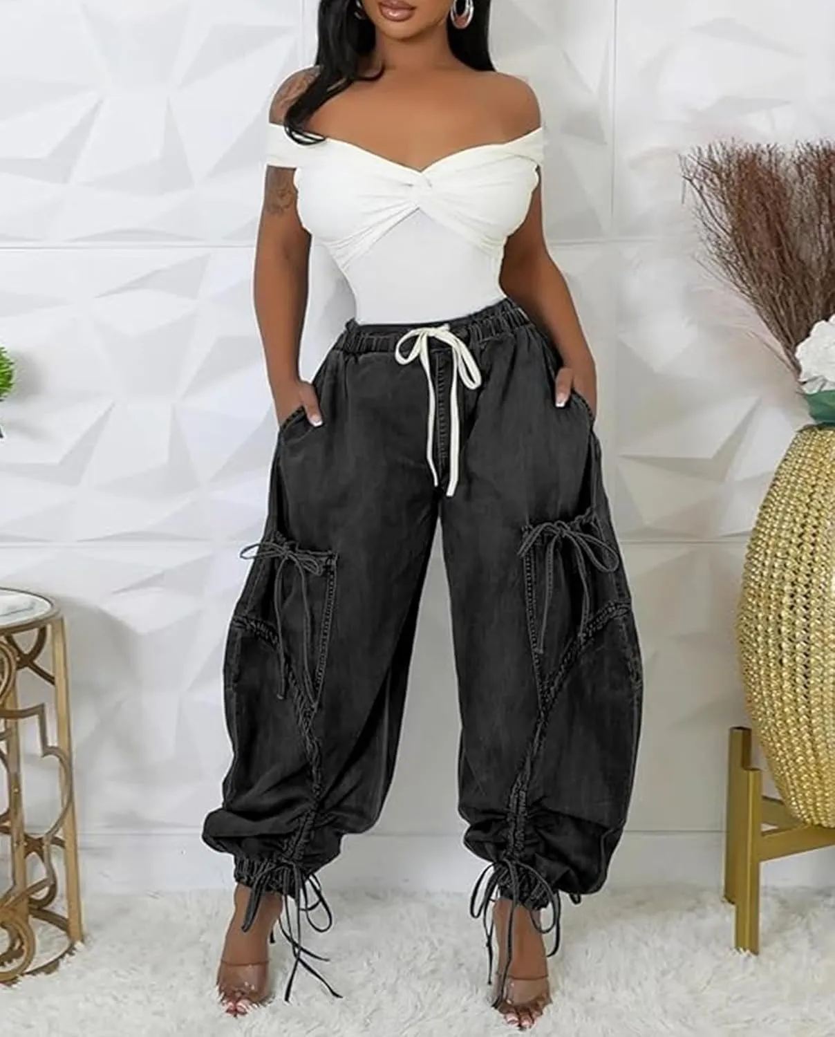 Voghtic Women's Baggy Y2K Elastic Waisted Jeans Bow-Knot Drawstring Pull-On Cargo Denim Pants Harem Pants Streetwear