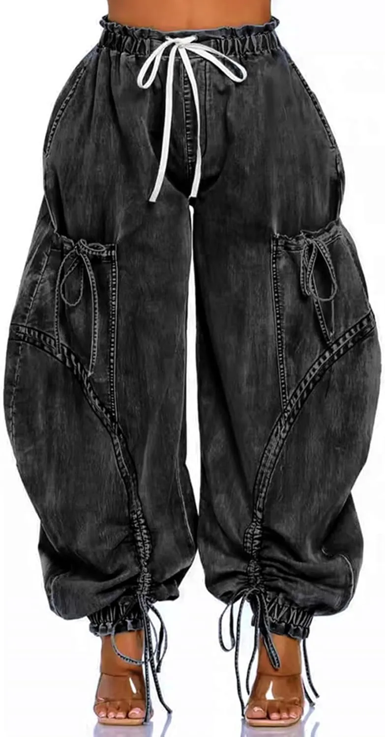 Voghtic Women's Baggy Y2K Elastic Waisted Jeans Bow-Knot Drawstring Pull-On Cargo Denim Pants Harem Pants Streetwear