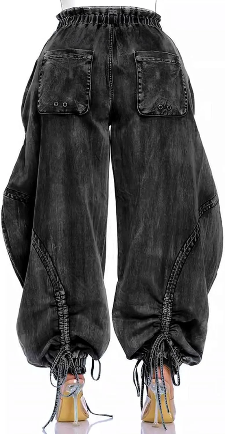 Voghtic Women's Baggy Y2K Elastic Waisted Jeans Bow-Knot Drawstring Pull-On Cargo Denim Pants Harem Pants Streetwear