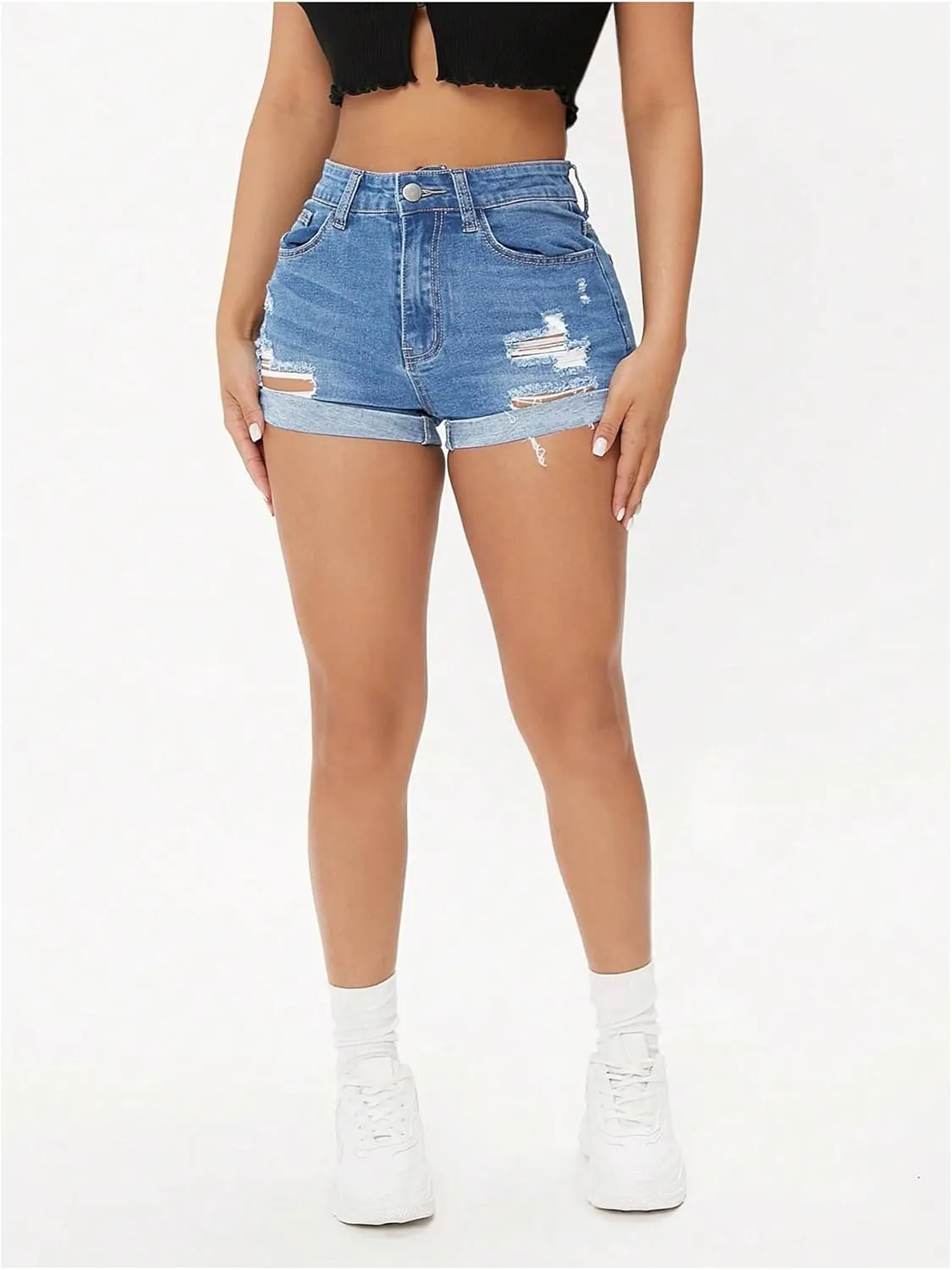 WDIRARA Women's High Waisted Ripped Denim Shorts Cuffed Hem Stretchy Jean Shorts