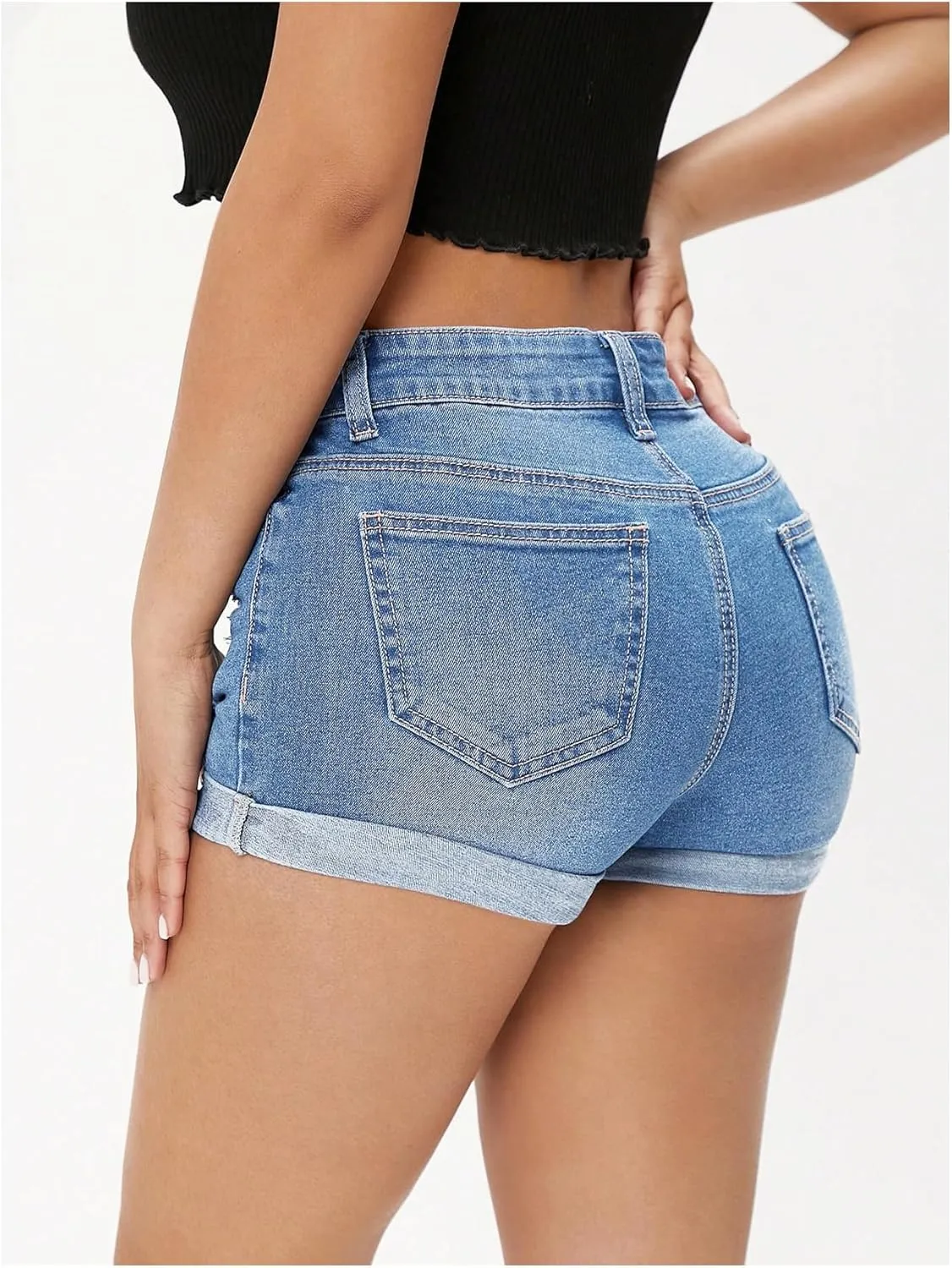 WDIRARA Women's High Waisted Ripped Denim Shorts Cuffed Hem Stretchy Jean Shorts
