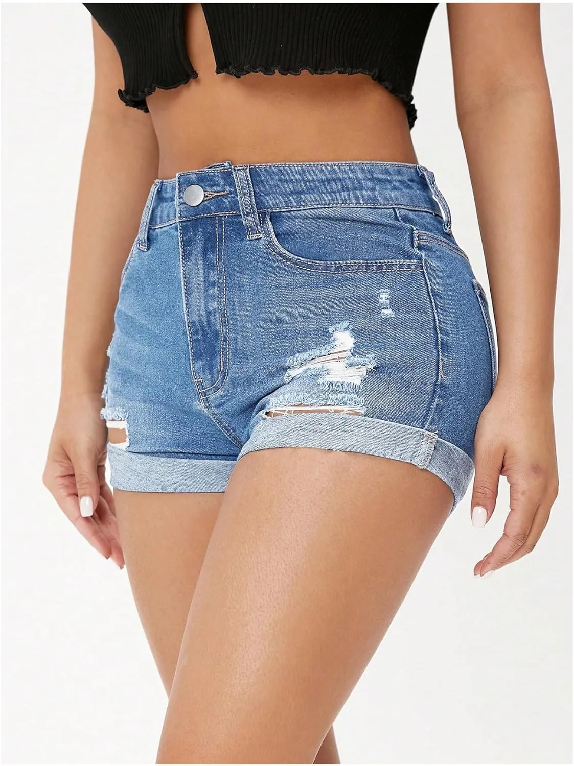 WDIRARA Women's High Waisted Ripped Denim Shorts Cuffed Hem Stretchy Jean Shorts