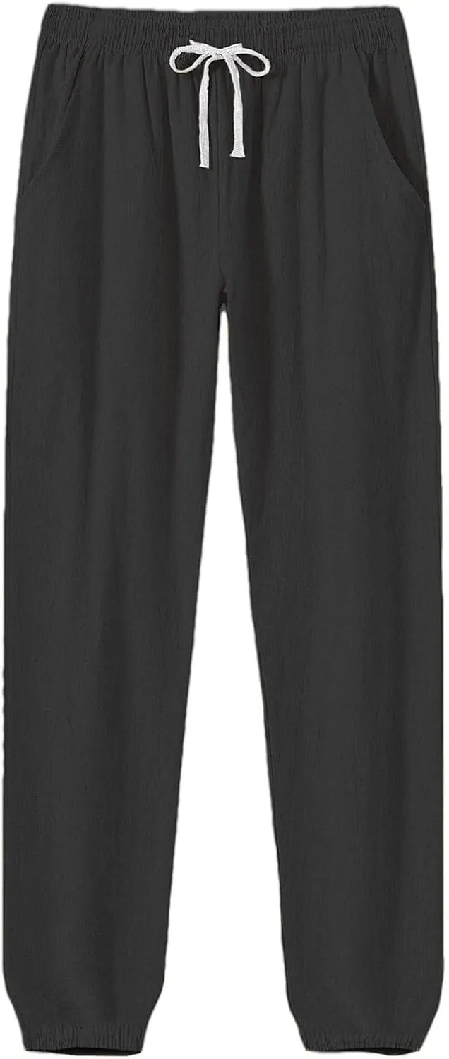 WENKOMG1 Cotton Linen Pants for Men Ankle Length Elastic Waist Drawstring Casual Beach Pants Lightweight Lounge Wears