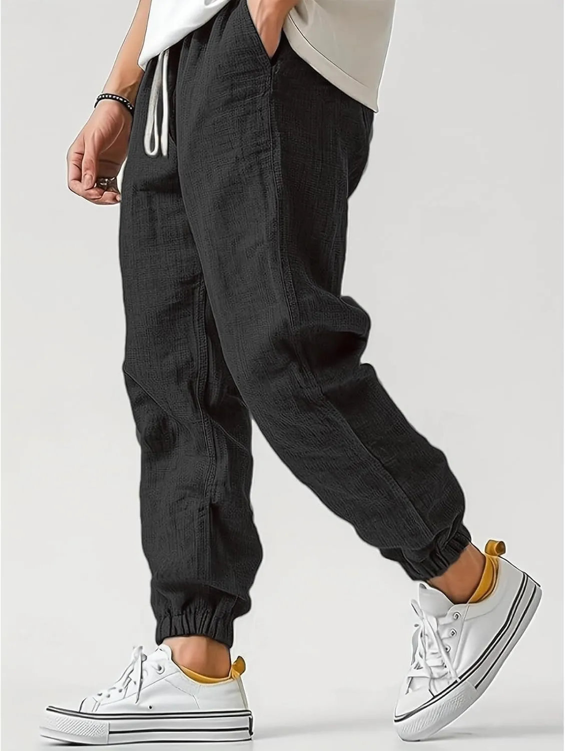 WENKOMG1 Cotton Linen Pants for Men Ankle Length Elastic Waist Drawstring Casual Beach Pants Lightweight Lounge Wears