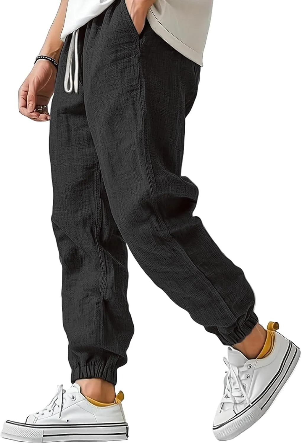 WENKOMG1 Cotton Linen Pants for Men Ankle Length Elastic Waist Drawstring Casual Beach Pants Lightweight Lounge Wears