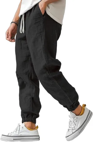 WENKOMG1 Cotton Linen Pants for Men Ankle Length Elastic Waist Drawstring Casual Beach Pants Lightweight Lounge Wears