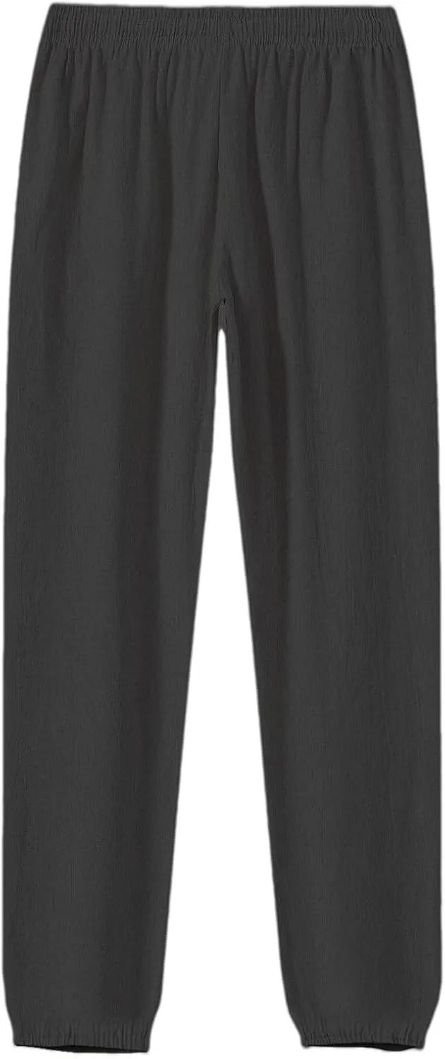 WENKOMG1 Cotton Linen Pants for Men Ankle Length Elastic Waist Drawstring Casual Beach Pants Lightweight Lounge Wears