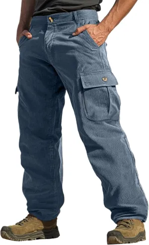 WENKOMG1 Mens Corduroy Cargo Pants Multi Pockets Straight Leg Outdoor Work Pants Retro Style Workwear