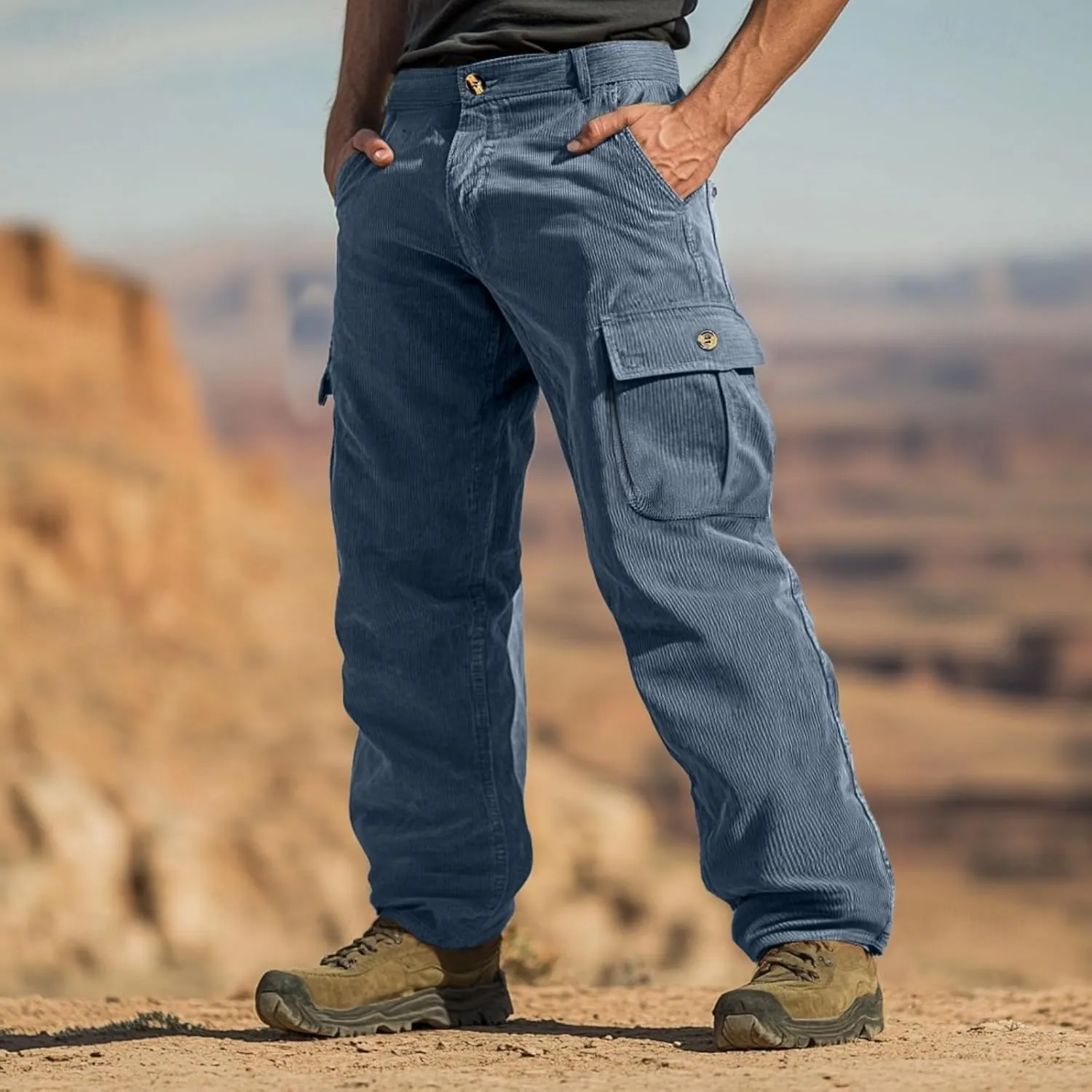 WENKOMG1 Mens Corduroy Cargo Pants Multi Pockets Straight Leg Outdoor Work Pants Retro Style Workwear