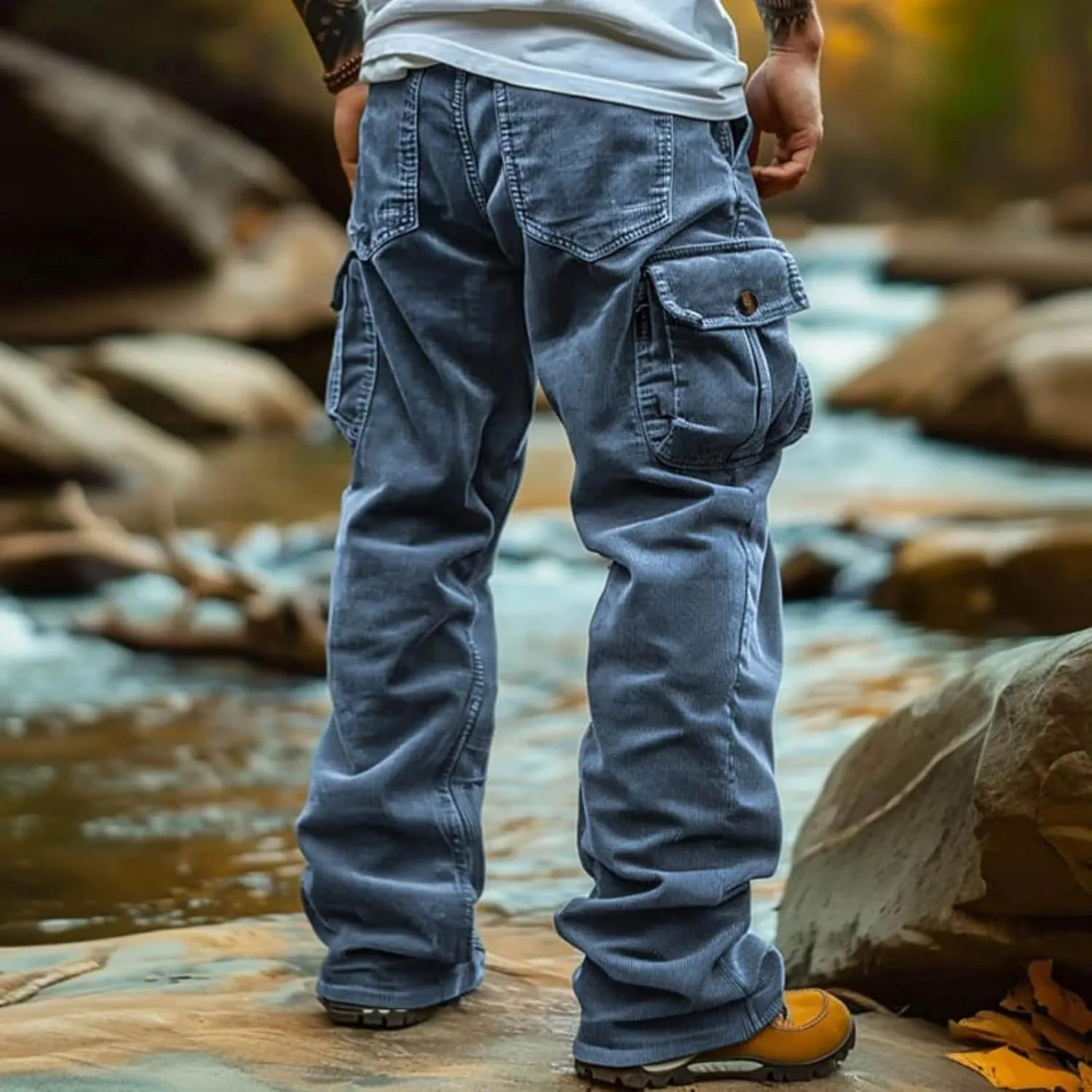 WENKOMG1 Mens Corduroy Cargo Pants Multi Pockets Straight Leg Outdoor Work Pants Retro Style Workwear