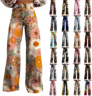 Wide Leg Flare Jeans for Women with Pockets Baggy Pants Vintage Floral Print High Waisted Loose Pant